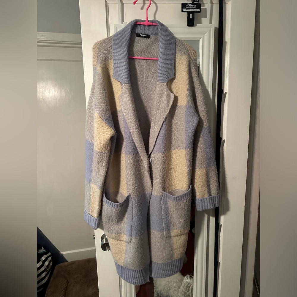 AZALEA WANG Blue Beige Checker Knit Collar Sweater Cardigan Jacket Top Women M